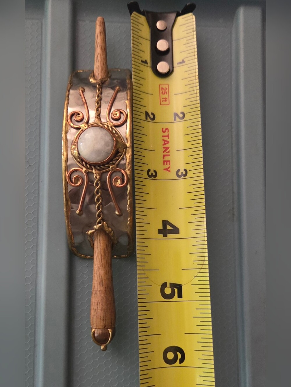 Moonstone Hairclip With Copper, Brass & Stainless Trio, Handcarved & Forged - Picture 5 of 7